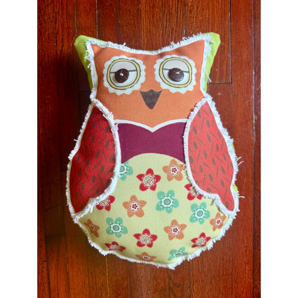 Vintage 70's lime green orange kitschy owl couch pillow decor button whimsy